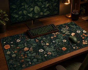 Botanische Blumen Schreibtischmatte, Dunkelgrüne Blumen Mauspad, Cottagecore Gaming Schreibtischmatte, Große rutschfeste Tastaturmatte, Natur Office MousePad