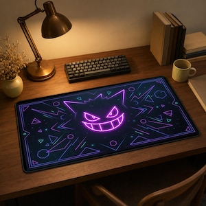 Neon Ghost Cat skrivbordsmatta, lila gamingmusmatta, geometrisk skrivbordsmatta, vattentät halkfri skrivbordsmatta, läskig gamergåva musmatta