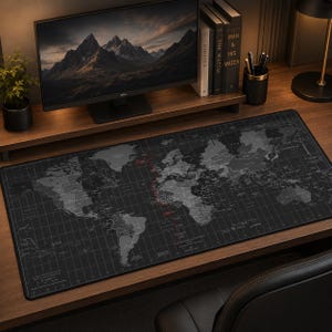 May include: A rectangular desk mat featuring a detailed world map printed in shades of gray and black. The design includes a grid of latitude and longitude lines, with country names and a prominent red line tracing a path across the oceans.