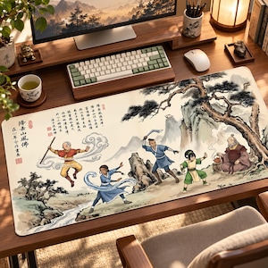 May include: A rectangular desk mat featuring a printed illustration of four animated characters in a landscape with a pine tree and mountains. The design includes Chinese calligraphy text and depicts figures in traditional clothing performing martial arts.