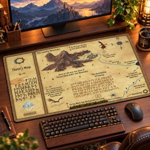 Könnte beinhalten: Eine rechteckige Schreibtischunterlage mit einer detaillierten Karte des Einsamen Berges auf beigem, pergamentartigem Hintergrund, schwarzem Text sowie Illustrationen von Drachen und Spinnen. Die Karte enthält Runeninschriften, Kompassrichtungen und Beschriftungen wie Thror's Map, The Desolation of Smaug und The Running River.
