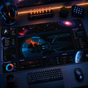 Tapis de bureau Sci Fi HUD, tapis de souris de jeu antidérapant pour vaisseau spatial, grand tapis de souris Galaxy Panel, tapis de bureau technique, tapis de bureau imperméable cousu