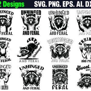 12 Unhinged And Feral Bundle SVG PNG、Rock’n Feral Possum PNG、Rock And Roll Aracoon SVG、Funny Sarcastic Quote PNG、Vintage Feral Mom PNG の検索結果