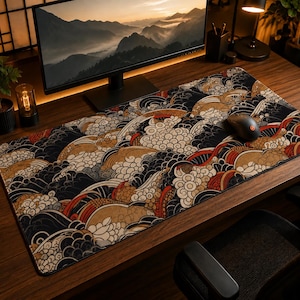 May include: A rectangular desk mat featuring a repeating pattern of stylised waves in shades of black, cream, red, and tan. The mat lies flat on a wooden surface, positioned beneath a computer monitor and a black computer mouse.