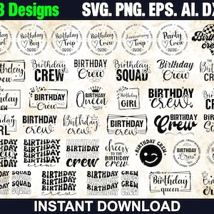 Paquete de cumpleaños (Svg), cumpleañera (Svg), fiesta de cumpleaños (Svg), feliz cumpleaños (Svg), reina del cumpleaños (Svg), equipo de cumpleaños (Svg)