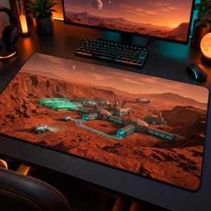 Skrivbordsmatta med Mars-koloni, rymdmusmatta, sci-fi-spelskrivbordsmatta, skrivbordsmatta med futuristisk planetbas, astronautdekor, stor förlängd musmatta