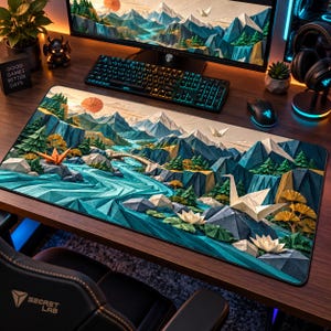 Può includere: Un tappetino da scrivania rettangolare con un paesaggio in stile low-poly che raffigura un fiume turchese, montagne innevate, pini verdi e gru e fiori di loto di carta in stile origami nei toni dell'arancione, bianco e giallo.