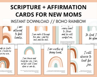 21 Scripture Cards for New Moms (Boho Rainbow), Postpartum Scripture Cards, Biblical Affirmations for Moms, Bible Verses for New Moms