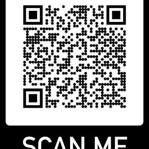 May include: Black and white QR code with the text "SCAN ME" underneath.