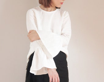 White linen blouse | Linen blouse with bell sleeves | Womens linen clothing |  Womens plus size clothing