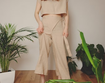 Linen pants | Wide leg linen pants | Japanese style wrap pants | fold over pants | Plus size pants