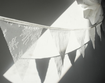 Bannière en dentelle de mariage Bunting Décoration de mariage Bunner de drapeau en dentelle et lin