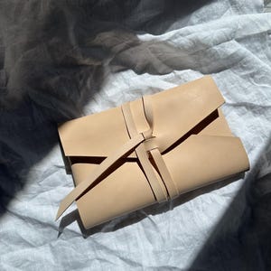 Handmade Beige Leather Pouch, Minimalist Wraparound Clutch, Natural Leather Wallet, Rustic Gift for Her, Simple Travel Organizer
