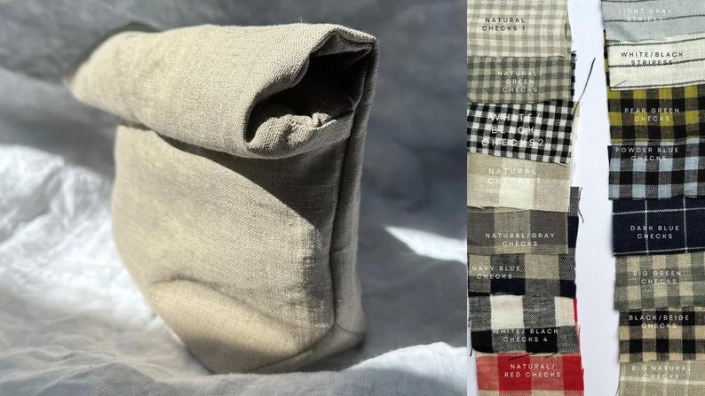 May include: A beige linen fabric lunch bag with a folded top. The bag is sitting on a white surface. The image also shows a variety of fabric swatches with different patterns and colors, including natural checks, white/black stripes, peak green checks, powder blue checks, dark blue checks, bio green checks, black/beige checks, and natural/red checks.