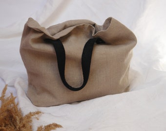 Linen Tote Bag with Black Leather Handles, Minimalist & Eco-Friendly Shoulder Bag for Everyday Use