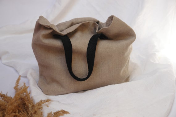 Linen Tote Bag with Black Leather Handles, Minimalist & Eco-Friendly Shoulder Bag for Everyday Use