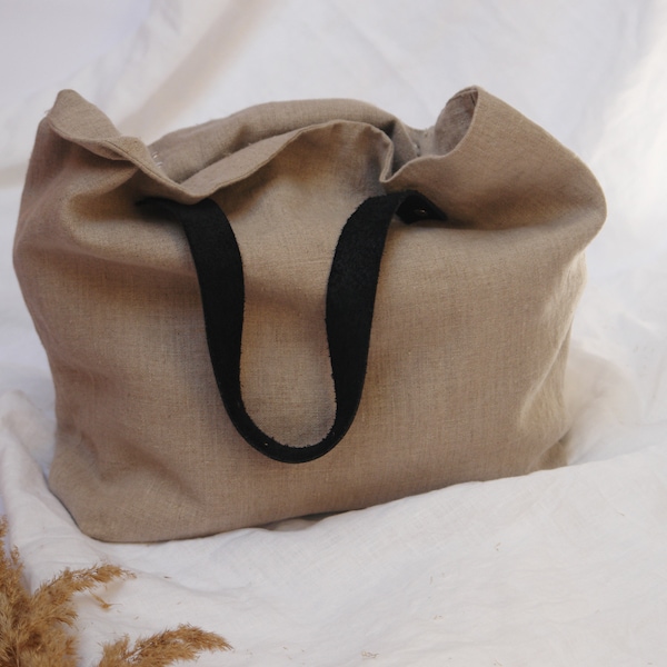 Linen tote bag with leather handles | Womens leather shoulder bag | Linen shopper bag