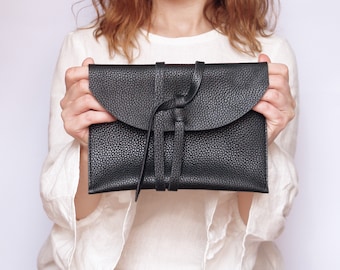 Schwarze Leder-Clutch | Schwarze Abendtasche | Schwarze Clutch Handtasche