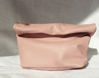 Pale rose Leather roll down clutch Leather lunch bag clutch Leather folded bag Leather statement purse Paper bag bridesmaids clutch