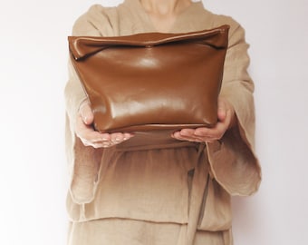 Brown Leather roll down clutch Leather lunch bag clutch Leather folded bag Leather statement purse Paper bag bridesmaids clutch