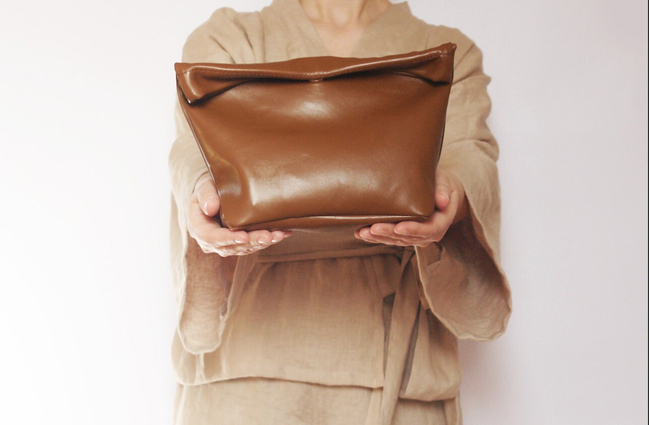 Brown Leather Roll Down Clutch Leather Lunch Bag Clutch Leather