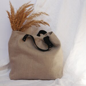 Linen tote bag with leather handles Womens leather shoulder bag Linen shopper bag