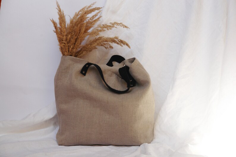 Linen tote bag with leather handles Womens leather shoulder bag Linen shopper bag