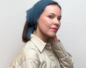 Bufanda de punto azul oscuro / Pañuelo de mohair / Bufanda de mohair tejida