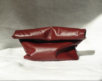 Wine red Leather roll down clutch Leather lunch bag clutch Leather folded bag Leather statement purse Paper bag bridesmaids clutch