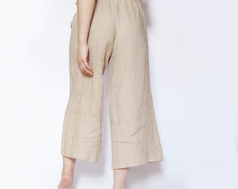 Pantalones culotte de lino de talle alto para mujer / Pantalones de lino de pierna ancha / Pantalones de verano de corte relajado / Ropa de lino de tallas grandes