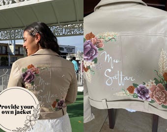 Hand painted faux leather bride jacket. Customizable bridal jacket. Personalized details. Mrs/Wifey/Bride/Till Death. Custom made.