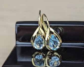 Elegant drop earrings with blue topaz in genuine gold | Earrings with blue topaz - genuine 333/000 gold - ENCHANTING