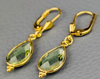 Boucles d'oreilles plaquées or avec quartz vert clair - argent véritable / plaqué or | Boucles d'oreilles avec quartz vert clair - ADORABLE