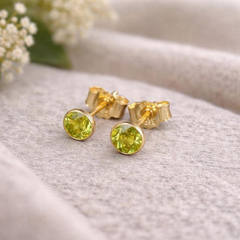 Peridot stud earrings, 585 gold – genuine peridot gemstone, delicate 4.5 mm stud earrings – minimalist gold earrings – gemstone jewelry – gift image 3