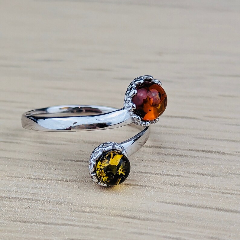 Real Amber Ring, With Cognac Colored and Green Amber Rhodiumplated Sterling Silver Exceptional