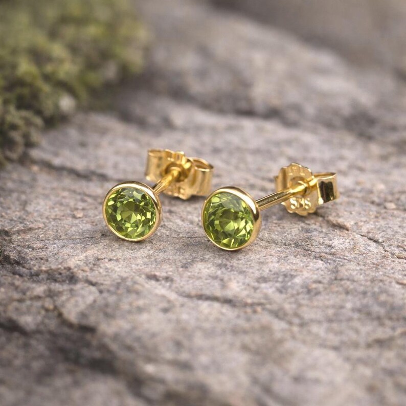 Peridot stud earrings, 585 gold – genuine peridot gemstone, delicate 4.5 mm stud earrings – minimalist gold earrings – gemstone jewelry – gift image 2