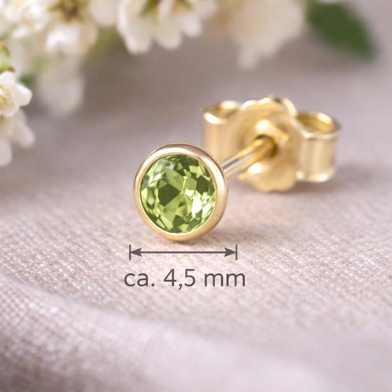 Peridot stud earrings, 585 gold – genuine peridot gemstone, delicate 4.5 mm stud earrings – minimalist gold earrings – gemstone jewelry – gift image 4