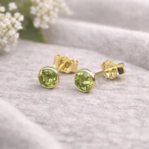 Peridot stud earrings, 585 gold – genuine peridot gemstone, delicate 4.5 mm stud earrings – minimalist gold earrings – gemstone jewelry – gift image 1