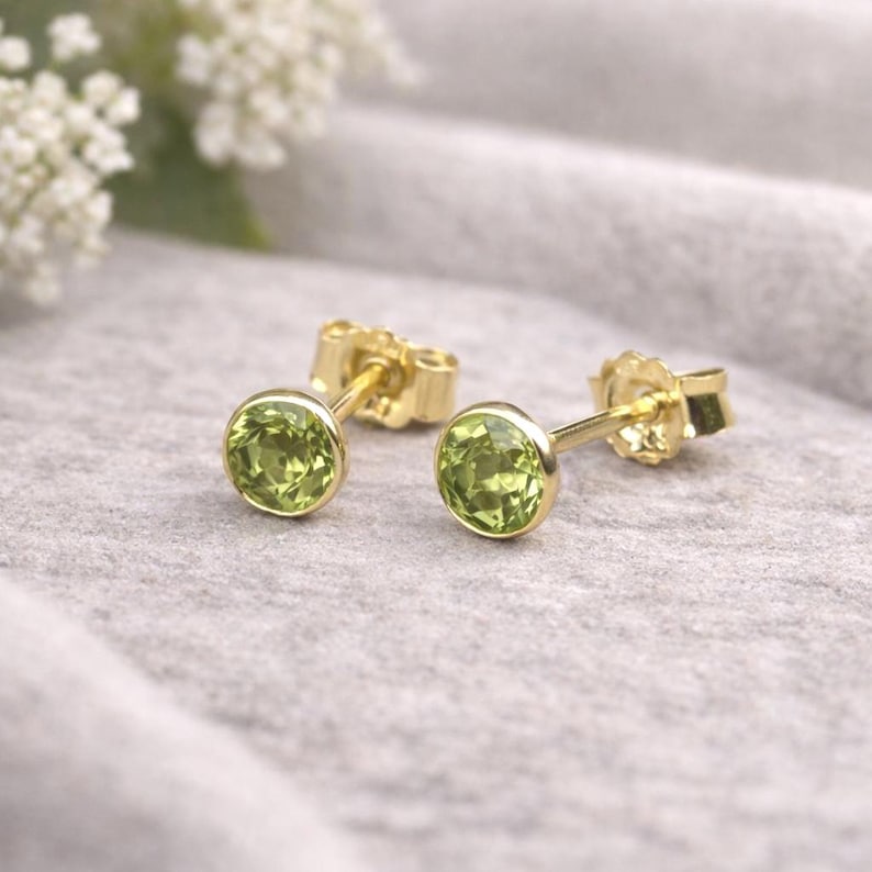 Peridot stud earrings, 585 gold – genuine peridot gemstone, delicate 4.5 mm stud earrings – minimalist gold earrings – gemstone jewelry – gift image 1