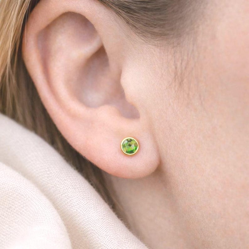 Peridot stud earrings, 585 gold – genuine peridot gemstone, delicate 4.5 mm stud earrings – minimalist gold earrings – gemstone jewelry – gift image 6