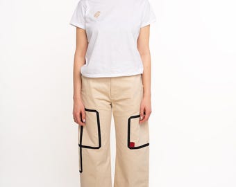 Pantalones de pana estilo japonés, 100 % algodón, diseño único con detalles geométricos, color leche