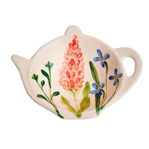 Soporte para bolsitas de té de cerámica con flores silvestres pintadas a mano: regalo para los amantes del té