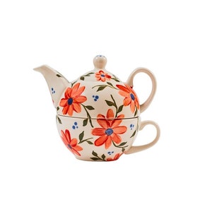Hand-Painted Floral “Tea for One” Set - Ceramic Pottery Teapot and Cup