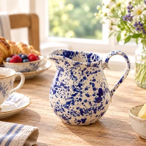 Middelblauwe gespikkelde kan, blauw-witte keramische melkkan