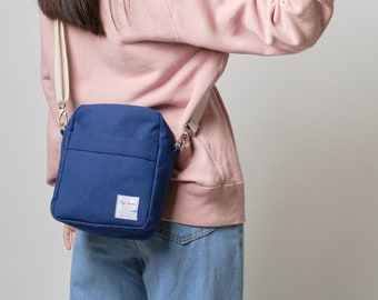 mini travel canvas crossbody bag for women, durable lining with zipper pocket, small messenger bag, Koala 208 Indigo Blue