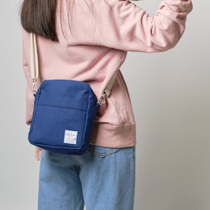mini travel canvas crossbody bag for women, durable lining with zipper pocket, small messenger bag, Koala 208 Indigo Blue