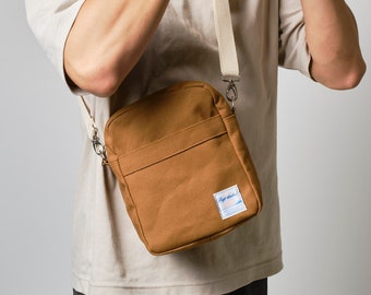 Travel Canvas Crossbody Bag for men, everyday mini messenger bag, Koala 208 in Cognac Brown