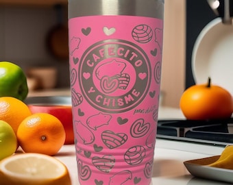 Cafecito y Chisme Tumbler (Double Sided), Coffee and Gossip drinkware, Spanish cup, Tumbler Gift, Coffee Mug, Pan con Cafe, Pan Dulce