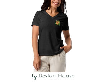 Relaxed dames-T-shirt oranje hibiscus met V-hals, Bella canvas shirt, minimalistisch T-shirt