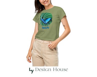 Camiseta feminina de cintura alta com estampa de borboleta: Camiseta de algodão macio com gola redonda.